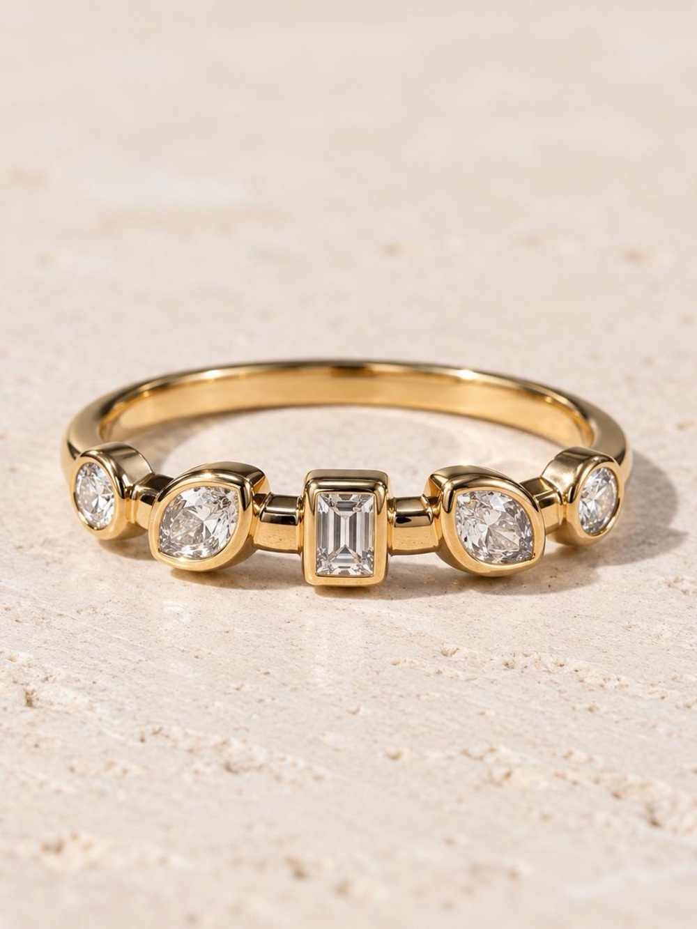 14K Solid Real Yellow Gold Multi shape .31ctw Natural Diamond Ring Size 7.5